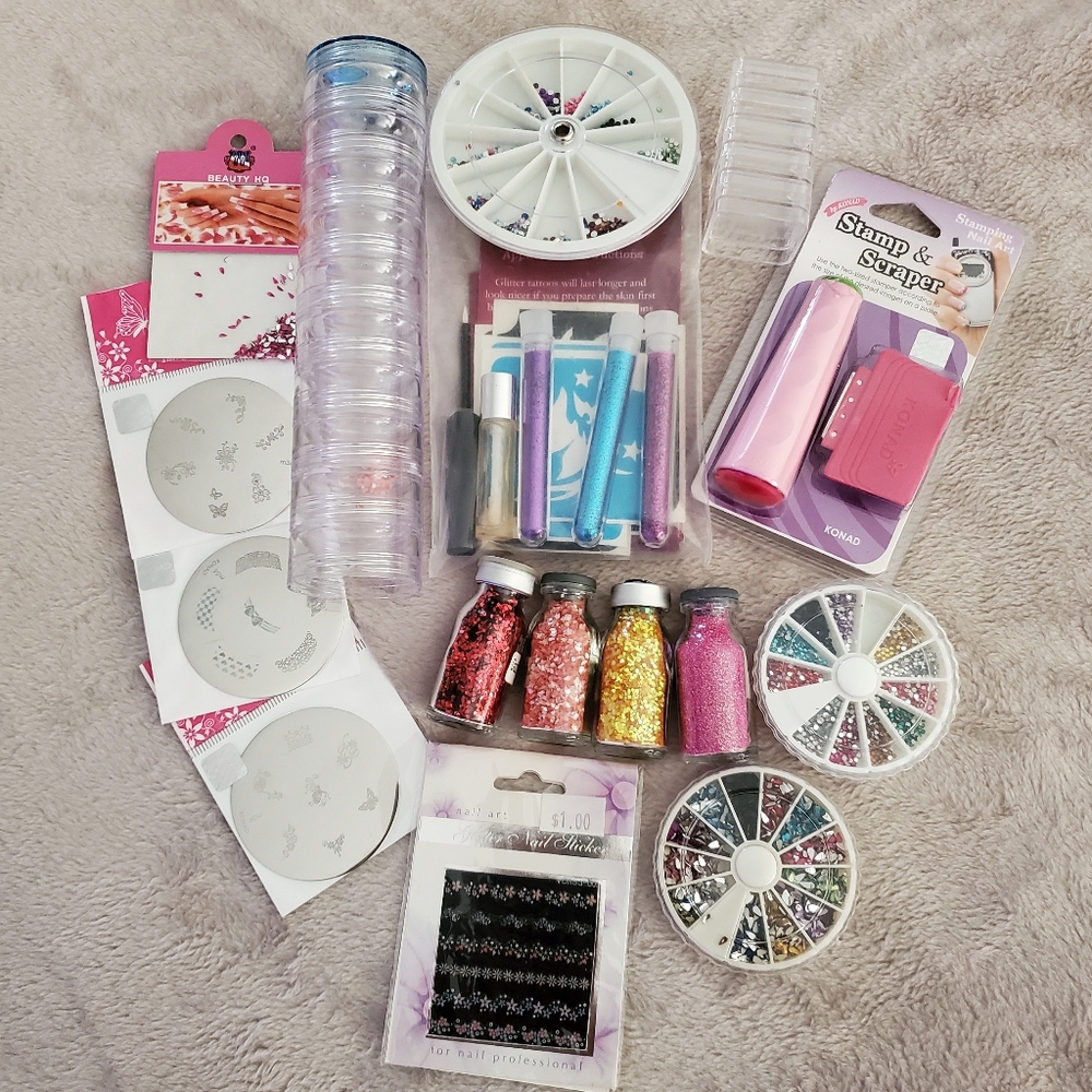 Nail Art Bundle – Crystal Rhinestones, Glitter, Stamping Set & More!